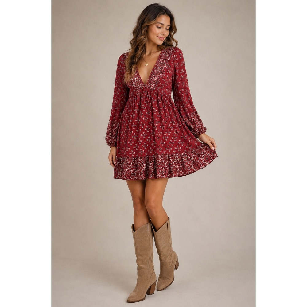 Angie Border Print Floral Babydoll Mini Dress Burgundy Boho Western V-Neck Large